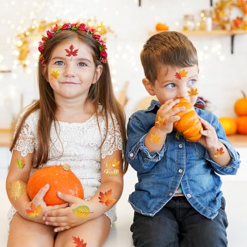 HOWAF 72pcs Glitter Fall Leaves Temporary Tattoos Autumn Harvest Tattoos Stickers for Kids Girls Boys Decor, Glittery Maple Leaves Fake Tattoo Autumn Leaf Face Tattoos for Fall Gift Bags Fillers