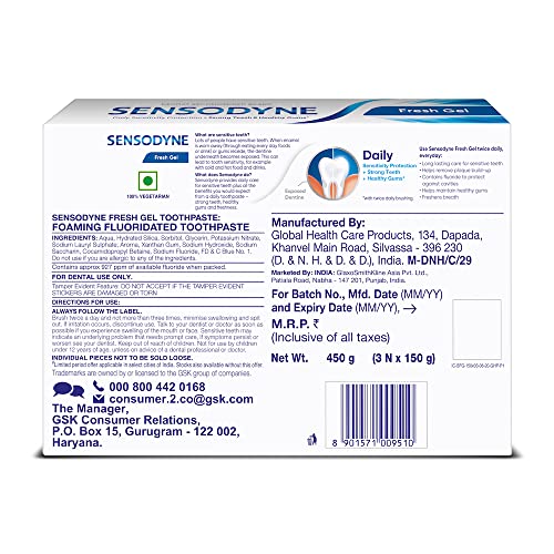Sensodyne Fresh Gel Toothpaste Pack 3 x 150g - Cool Mint, 5.29 Ounce