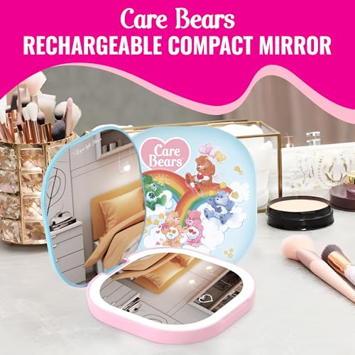 Impressions Vanity Care Bears LED Compact Mirror for Purse, Lighted Travel Makeup Mirror with 3X Magnification, Auto Shut Off Daylight LED Lighting, Adjustable Brightness and Touch Sensor (Blue/Pink)
