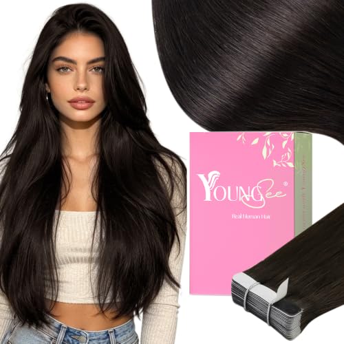 YoungSee Human Hair Tape-In Extensions Dark Brown 18 Inch Pack of 1 - Invisible Tape