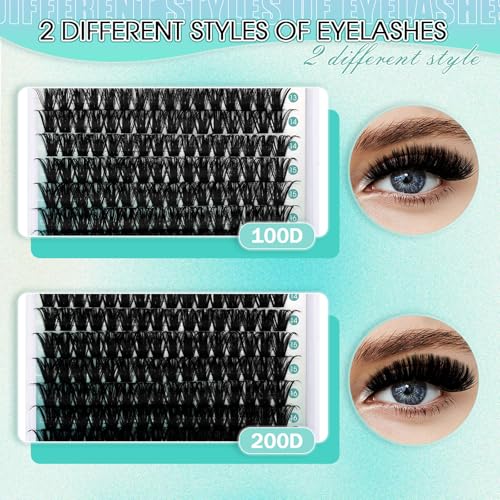 GEMERRY 728 Pcs Lash Clusters Kit with Long-lasting Bond, Tweezers & Remover - Black 100D-2 + 200D-2