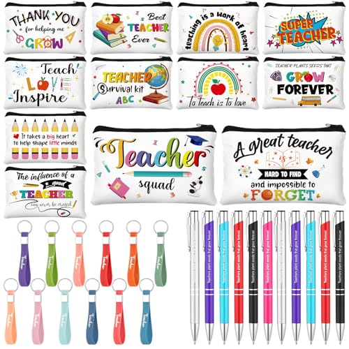 Hosuly 36 Pieces Teacher's Day Teacher Appreciation Gift Set Canvas Makeup Cosmetic Bags with Zipper Silicone Appreciation Keychain 0.5 mm Teacher Ballpoint Pens for Teachers Office Supplies
