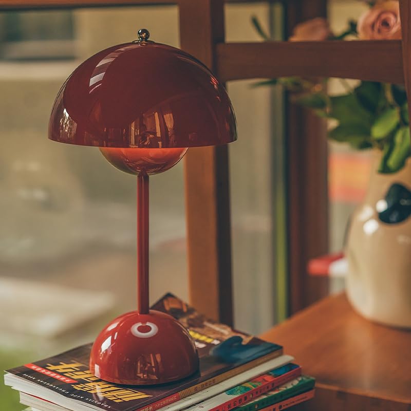 Cordless Rechargeable Flower Bud Mushroom Table Lamp - Brown Red, 12 Inch