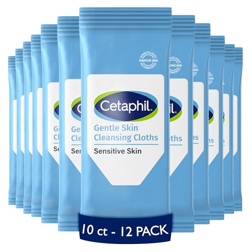 Cetaphil Gentle Skin Cleansing Face & Body Wipes - 10 Count Pack of 12, Fragrance-Free & Sensitive Skin Friendly