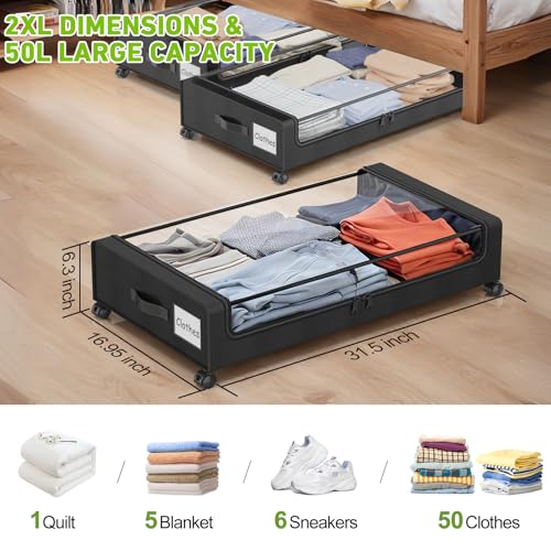 Under Bed Storage Containers with Wheels - 4 Pack, Clear Lids, Black