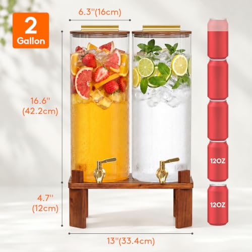 2 Gallon Glass Drink Dispenser with Wooden Stand & Leakproof Spigot