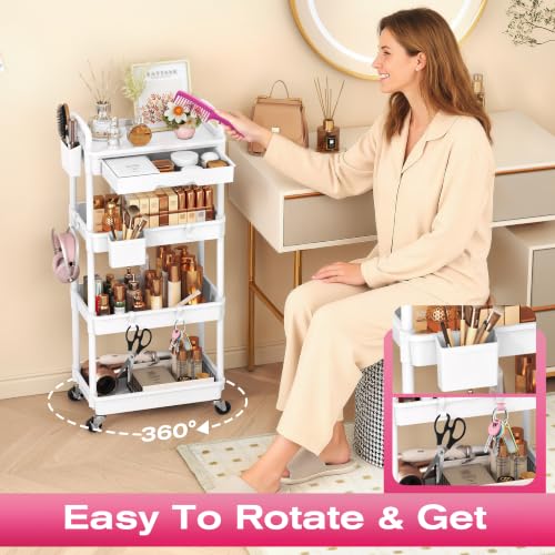 4-Tier White Rolling Makeup Organizer Cart with Removable Drawer - Goovilla