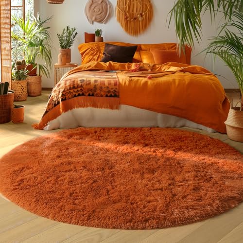 Amdrebio Large Burnt Orange Round Rug 8ft - Soft Plush Kid & Living Room Decor