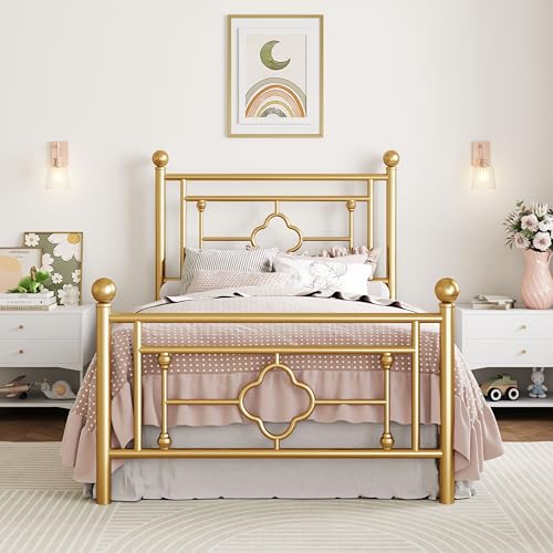 Gold Twin Metal Platform Bed Frame with Headboard - Noise-Free, Easy Assembly