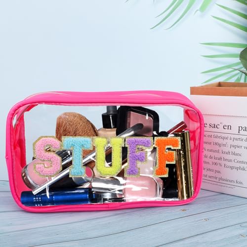 Preppy Patch STUFF Makeup Bag Chenille Letter Cosmetic Bag for Women, Transparent PVC Zipper Patch Bags Organizer Waterproof Portable Travel Makeup Bag for Women Girls Teens(Pink)