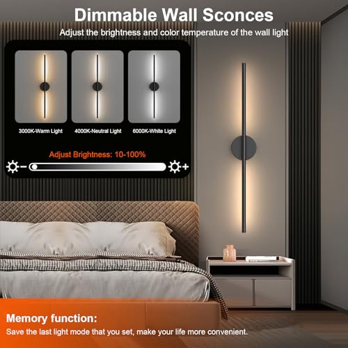 Black 32 Inch Rechargeable Wireless LED Wall Sconce Set of 2 with Remote, Dimmable & Rotatable