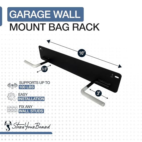 Wall Mount Golf Bag Storage Rack for 2 Golf Bags - Heavy Duty Steel, Rubber-Coated Hooks