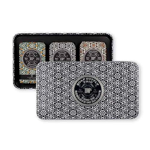 La Chatelaine Luxury Bar Soap Trio Gift Set Tin | Made in France | Natural and Organic | Shea Butter Formula | 3 x 8.8 oz / 250g - Gray Mosaic Soap Trio (Moroccan Mint, Vetiver Cedar, Bourbon Vanilla)