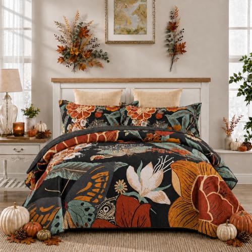 Mocha Noir 3-Piece Boho Floral Butterfly King Quilt Bedding Set