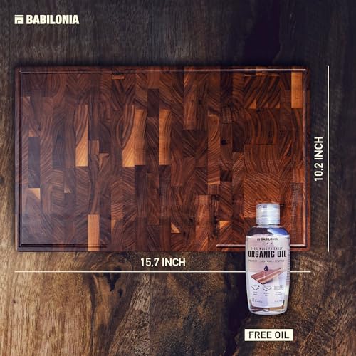 Black Walnut End Grain Cutting Board with Handle & Serving Tray - 15.7"L x 10.2"W, Reversible Kitchen Butcher Block