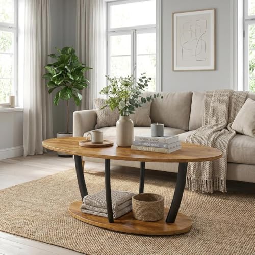 Manora Rustic Oval Coffee Table with Storage Shelf - Brown, 2-Tier Farmhouse Design