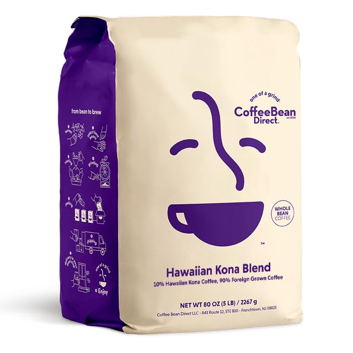 Hawaiian Kona Blend Coffee Beans 80oz / 5lb Whole Bean, 10% Kona Coffee Blend