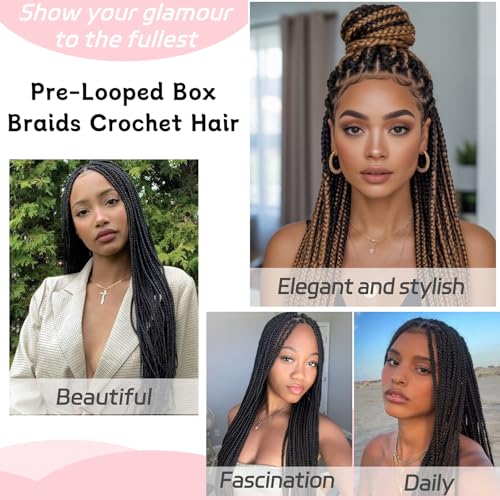 XTREND 8 Packs 24 Inch Box Braids Crochet Hair Pre-Looped Knotless Medium 3X 144 Strands Black (1B#)
