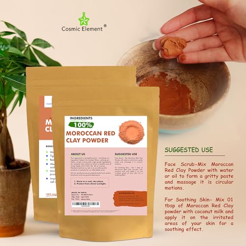 Cosmic Element Moroccan Red Clay Powder - Red Clay Powder for Skin | Suitable for Face, Body Wraps & Hair Care | Clay Mask for Face | Red Clay Masks, Wraps, Scrubs, Soaps, Bath Bombs & Detox ? 4 oz