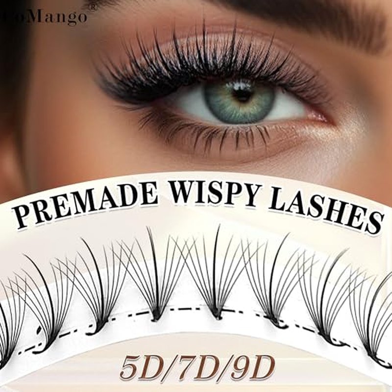 CoMango Wispy Premade Fans Eyelash Extensions 5D 7D 9D Spikes Lash Fans C/D Curly Pointy Stem Volume Lashes Extensions 0.07mm Thin Base Handmade Lash Extensions (black, 300fans-5D-C-Mix8-15mm)