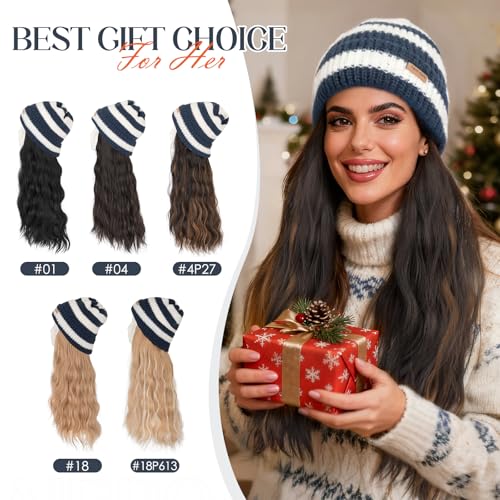 Hairro Beanie Wig Hat with Synthetic Hair - Winter Warm Knitted Cap for Women, 18" Blue & White Variation