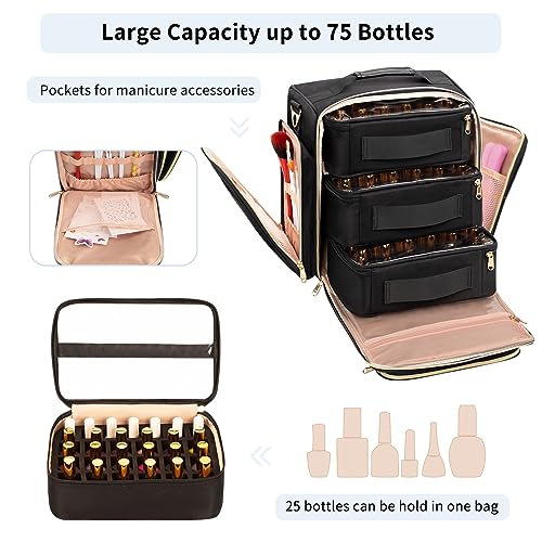 OCHEAL Nail Polish Organizer, Holds Nail Lamp and 75+ Bottles, Nail Polish Holder Case with 3 Individual Pouches Fit Manicure Tools Storage for Manicurist Travel Carrying Bag -Black