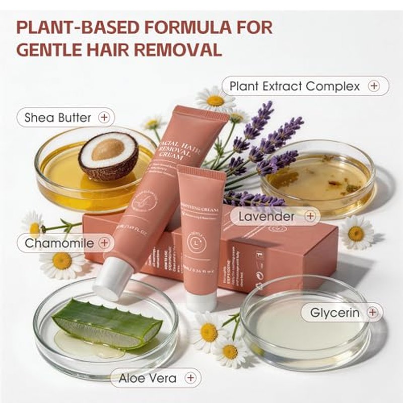 Facial Hair Removal Cream for Women, 2-in-1 Gentle Face Hair Removal Cream with Soothing Cream, Depilatory Creams for Sensitive Skin, Face Chin Upper Lip Hair Remover for Smooth Soft Skin, 2.03 Fl Oz