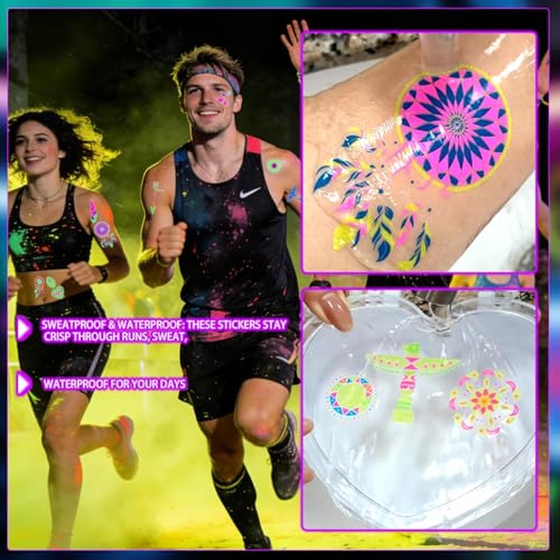 24 Sheets Glow in The Dark Temporary Tattoos, 320pcs Waterproof Neon Glow Party Tattoos, UV Black light Reactive Light Face Flash Tattoo Stickers for Parties, Halloween, Beach