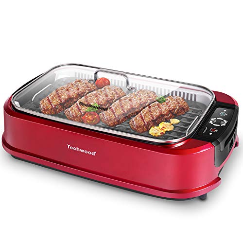 Techwood Smokeless Indoor Grill - Single Rose Red Non-Stick Plate, 1500W Portable Electric Korean BBQ