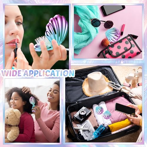 12 Pcs Mermaid Shell Hair Brush with Mirror - Gradient Color, Travel Foldable