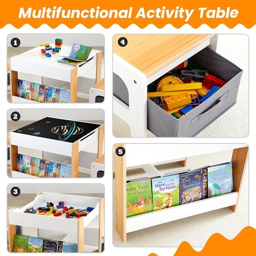 Kids Table and Chair Set - 4-in-1 Toddler Desk with Storage, White, 24.49 x 24.49 x 18.9 inches