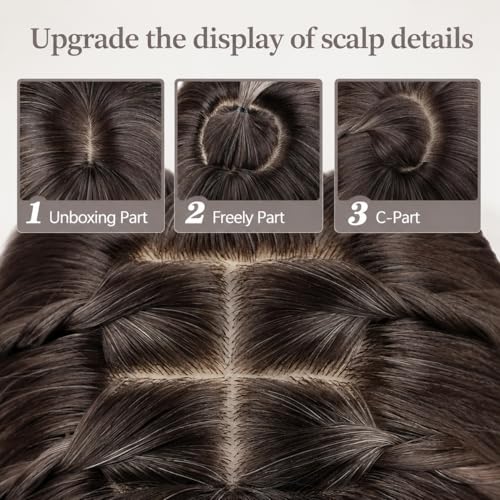 LEOSA Brown Highlights Short Bob Wig with Bangs, Realistic Scalp, Shoulder Length Wavy Layered Synthetic Hair for Women
