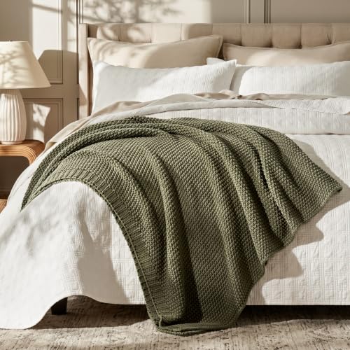 EverGrace Organic Cotton Chunky Knit Throw Blanket 50x60 Olive Green
