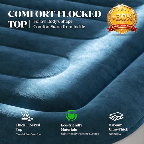 Blue Queen Air Mattress with Built-In Pump - 18 Inch Elevated Blow Up Bed