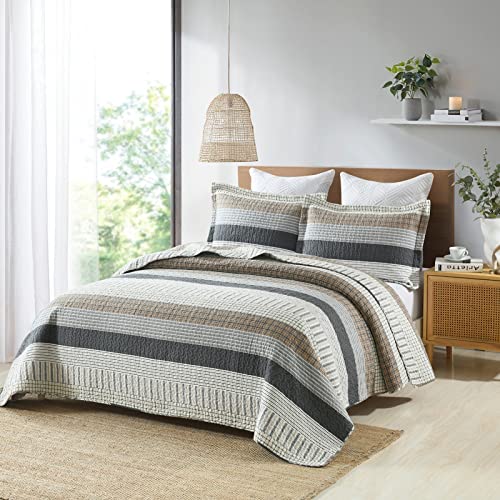 Queen Size Cotton Quilt Set with Reversible Patchwork Bedspread - Farmhouse Lightweight Bedding, 3 Pieces - White, Brown, Grey