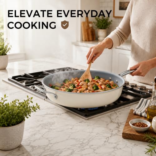 14-Inch Ceramic Nonstick Deep Frying Pan with Lid - 6 Qt Family Size - Cream & Grey