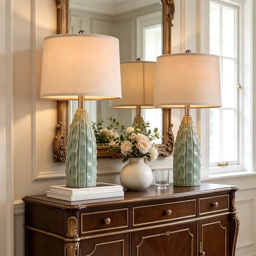 Ceramic Table Lamps Set of 2 - 23.75 Inch Modern Farmhouse Bedside Lamps - Green Nightstand and Desk Lighting - Variation B 23.75-Inch Green 2 Pack