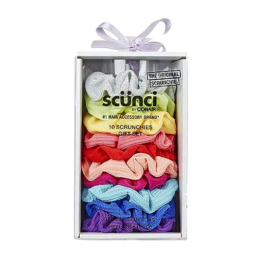 Scunci by Conair Gift Set, Gift Box Under $20, Includes 10 Scrunchies in Bright Rainbow Colors