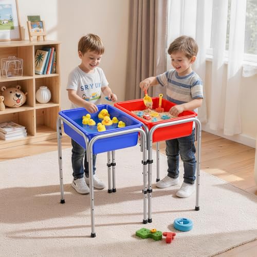 Kids Sensory Play Table with 2 Bins - Adjustable Height, Detachable Storage - 15.1"D x 42.9"W x 26"H, 2-Station Sand & Water Table for Toddlers