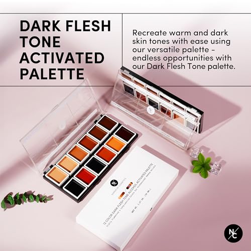 Narrative Cosmetics 12 Color Dark Flesh Tone Alcohol Activated Makeup Palette for Special Effects - Waterproof Dark Flesh Tone Makeup for Professional Makeup Artists