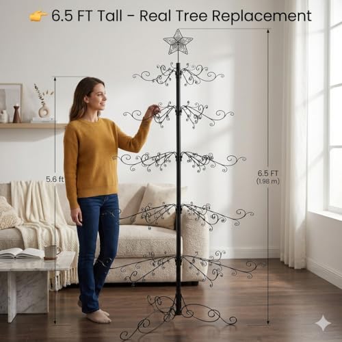 HOHIYA 6.5 ft Ornament Display Tree Stand with 174 Hooks – Black