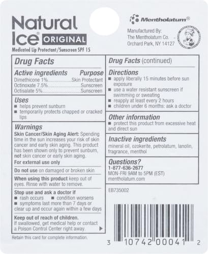 Mentholatum Natural Ice Lip Balm Original SPF 15 - Pack of 5 - 1 Count Each