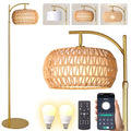 Boho Gold Rattan Floor Lamp with Remote Dimmable 2700K-6000K, Adjustable Height 165-172cm — Wicker & Fabric Shade, 2-in-1 Lighting for Living Room & Bedroom - Variation: Boho Gold