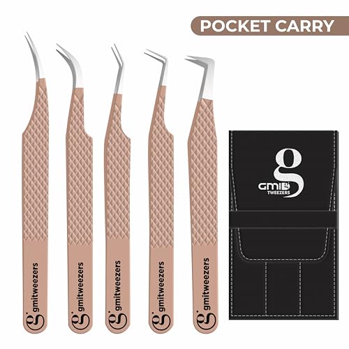 Nude Lash Tweezers Set of 5 - Stainless Steel Eyelash Extension & Makeup Tweezers