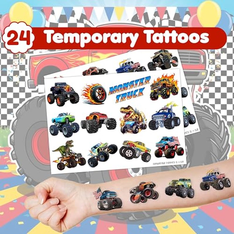 48PCS Monster Truck Party Set - 24PCS Temporary Tattoos & 24PCS Slap Bracelets - Off-Road Birthday Supplies, Baby Shower Gifts, Classroom Rewards & Party Decor for Kids (Boys & Girls)