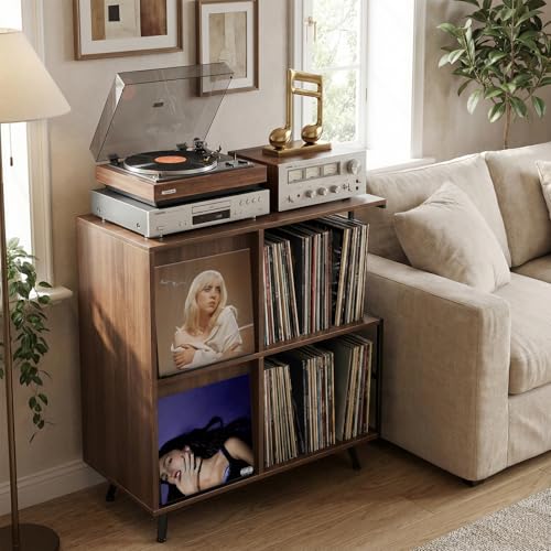 Walnut 3-Tier Record Player Stand with Flip-Down Vinyl Shelf - Faesun