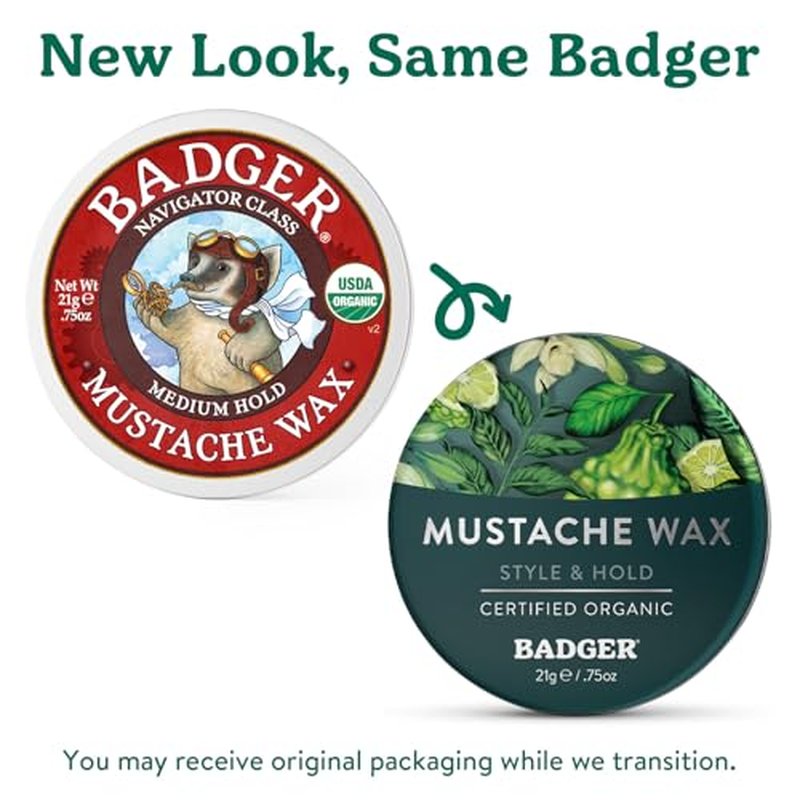 Badger Mustache Wax, Medium Hold, Light Masculine Scent, Easy to Apply, Certified Organic Versatile Moustache & Beard Wax, .75 oz Tin, 2-Pack