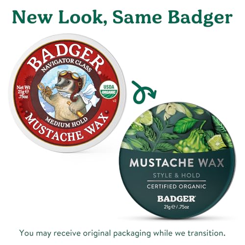 Badger Mustache Wax, Medium Hold, Light Masculine Scent, Easy to Apply, Certified Organic Versatile Moustache & Beard Wax, .75 oz Tin