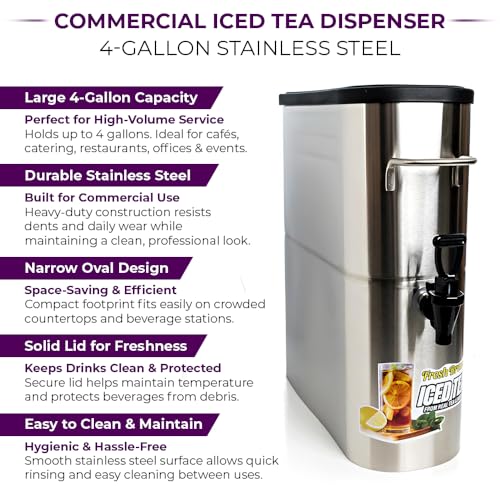 4 Gallon Commercial Iced Tea Dispenser - Stainless Steel Beverage Server