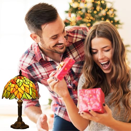 HUORUIKY Maple Leaves Tiffany Table Lamp 9x9x15 Inch with 3-Way Color Temperature & LED Bulb